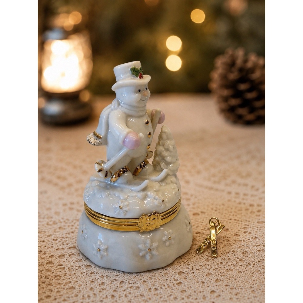 Lenox Treasures "Skiing In Style" Snowman Treasure Box Handcrafted W/ Charm